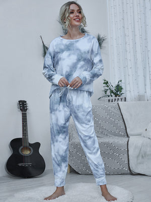 Shiny Tie-dye Round Neck Top and Drawstring Pants Lounge Set