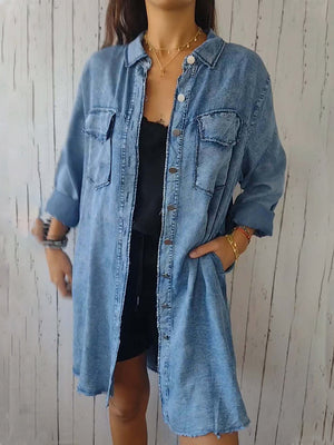 Full Size, Raw Hem, Button-Up Long Sleeve Denim Top