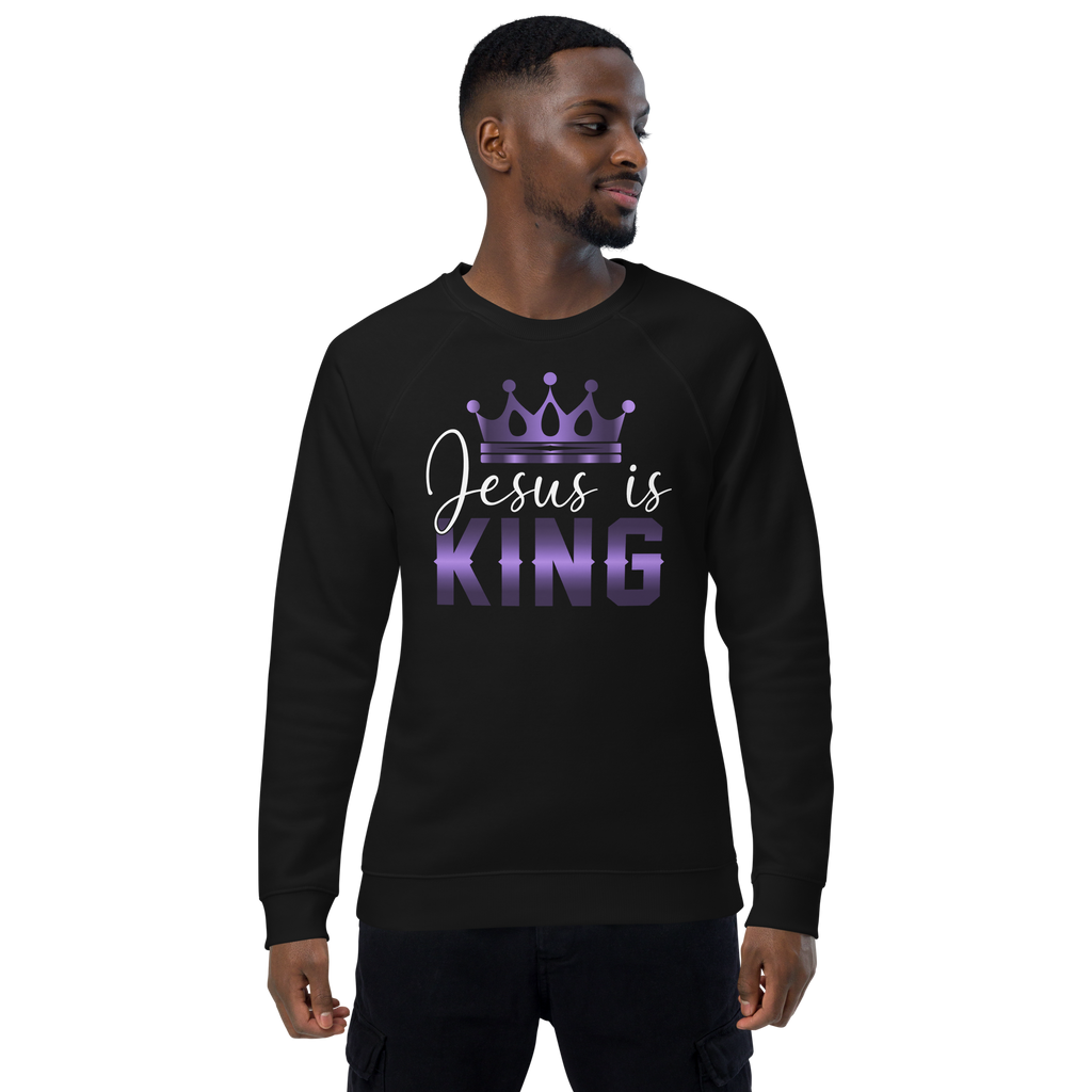 Jesus is KING, Unisex Organic Raglan Sweatshirt, Black