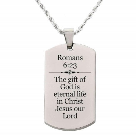 Scripture Dog Tag Necklace, Stainless Steel, 5 Colors, Romans 6:23