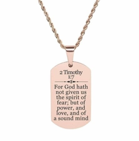 Scripture Dog Tag Necklace, Stainless Steel, 5 Colors, 2 Timothy 1:7