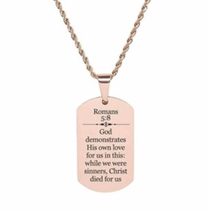 Scripture Dog Tag Necklace, Stainless Steel, 5 Colors, Romans 5:8