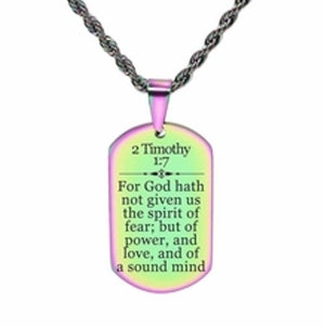 Scripture Dog Tag Necklace, Stainless Steel, 5 Colors, 2 Timothy 1:7