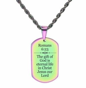 Scripture Dog Tag Necklace, Stainless Steel, 5 Colors, Romans 6:23