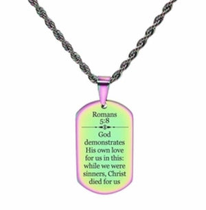 Scripture Dog Tag Necklace, Stainless Steel, 5 Colors, Romans 5:8