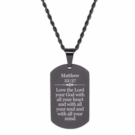 Scripture Dog Tag Necklace, Stainless Steel, 5 Colors, Matthew 22:37