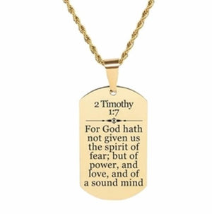 Scripture Dog Tag Necklace, Stainless Steel, 5 Colors, 2 Timothy 1:7