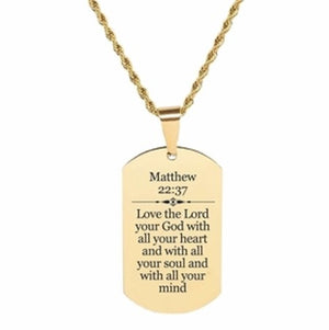 Scripture Dog Tag Necklace, Stainless Steel, 5 Colors, Matthew 22:37