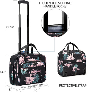 Rolling Laptop Bag, Briefcase, RFID Pockets, Water-Proof, Fits up to 15.6" Laptop, Pink & Teal on Black