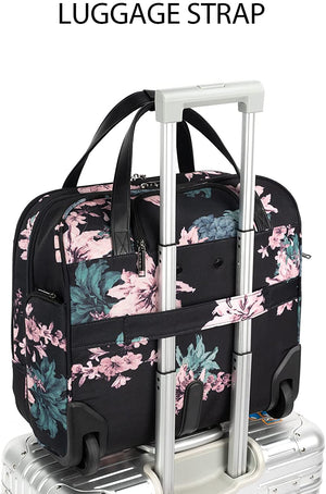 Rolling Laptop Bag, Briefcase, RFID Pockets, Water-Proof, Fits up to 15.6" Laptop, Pink & Teal on Black