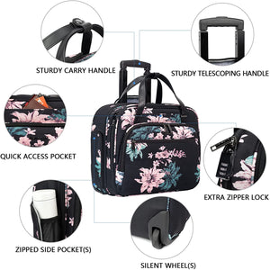 Rolling Laptop Bag, Briefcase, RFID Pockets, Water-Proof, Fits up to 15.6" Laptop, Pink & Teal on Black