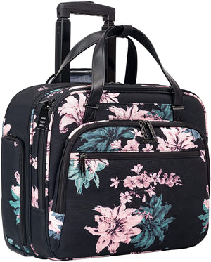 Rolling Laptop Bag, Briefcase, RFID Pockets, Water-Proof, Fits up to 15.6" Laptop, Pink & Teal on Black