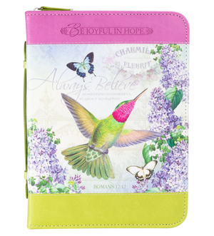Bible Cover, Lilac Garden Hummingbird, Romans 12:12, Pink & Lime Green