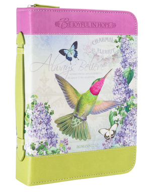 Bible Cover, Lilac Garden Hummingbird, Romans 12:12, Pink & Lime Green