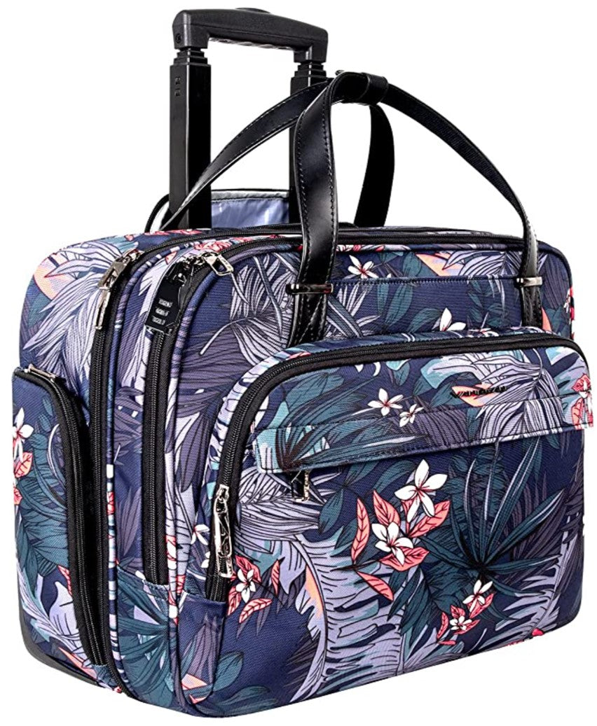 Rolling Laptop Bag, Briefcase, RFID Pockets, Water-Proof, Fits up to 15.6" Laptop, Lavender, Green, White & Coral on Navy