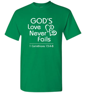 God's Love (1 Corinthians 13:4-8), Adult T-Shirt, White Font, 12 Colors