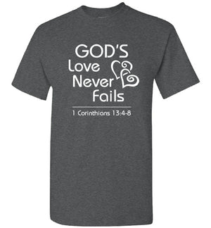God's Love (1 Corinthians 13:4-8), Adult T-Shirt, White Font, 12 Colors