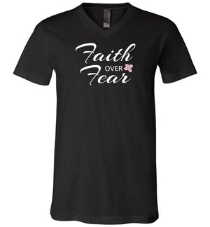 Faith Over Fear, Front Print V-Neck T-Shirt, Slightly Fitted, 13 Colors