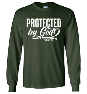 Protected by God, Front Print Long Sleeve Tee, Adult & Youth Sizes, 8 Colors