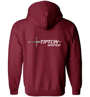 Tipton Ministry Logo on Back, Personalized Name on Front, Zip-Up Hoodie, 12 Colors LOGO TOO HIGH
