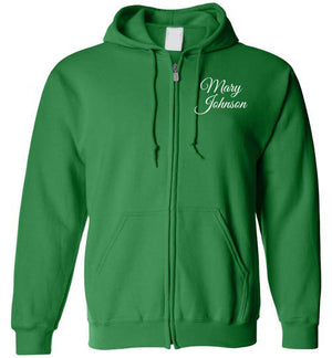 Tipton Ministry Logo on Back, Personalized Name on Front (2 lines), Zip-Up Hoodie, 12 Colors