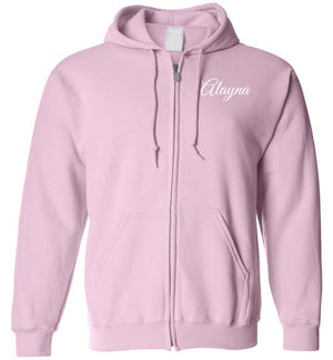 Tipton Ministry Logo on Back, Personalized Name on Front (Alayna), Zip-Up Hoodie, 12 Colors