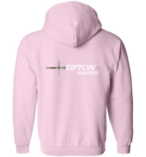 Tipton Ministry Logo on Back, Personalized Name on Front, Zip-Up Hoodie, 12 Colors LOGO TOO HIGH