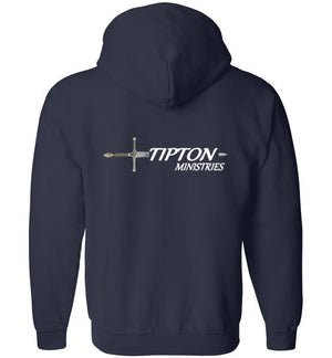 Tipton Ministry Logo on Back, Personalized Name on Front (2 lines), Zip-Up Hoodie, 12 Colors