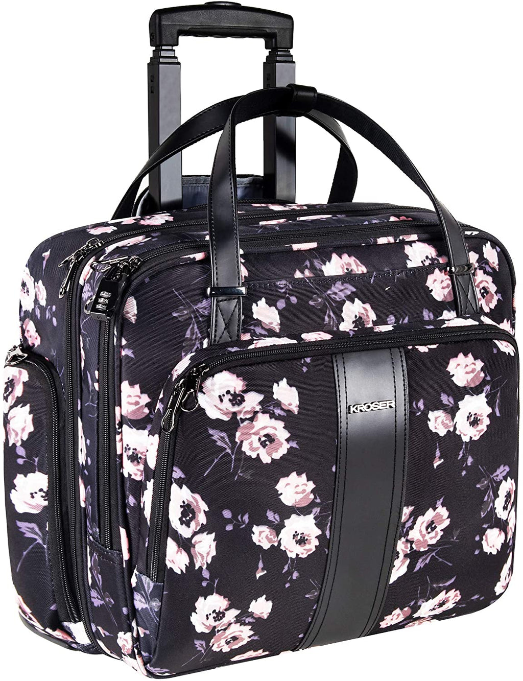 Rolling Laptop Bag, Briefcase, RFID Pockets, Water-Proof, Fits up to 15.6" Laptop, Pink & Lavender on Black