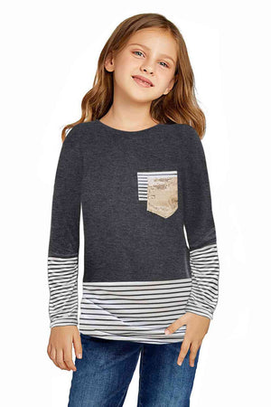Girls Striped Color Block Sequin Pocket Top, Ages 4-13