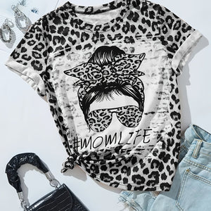 Leopard Print Round Neck Women's Short Sleeve T-Shirt, Plus Sizes