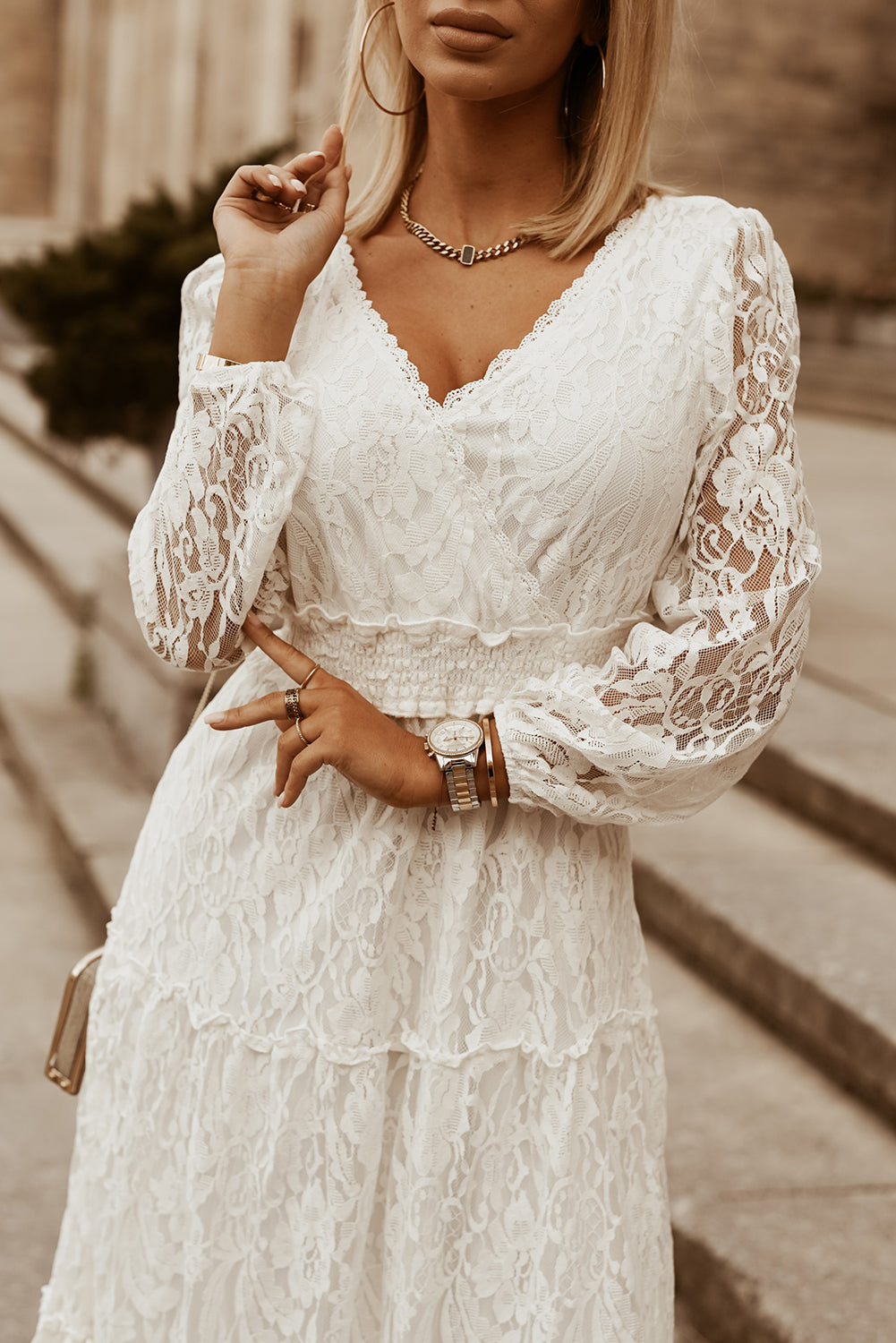 Puff Sleeve Tie-Back Lace Surplice Dress Treasure City Puff Sleeve Tie-Back Lace Surplice Dress Treasure City