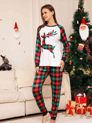 Women's Full Size Reindeer Graphic Top and Plaid Pants Set