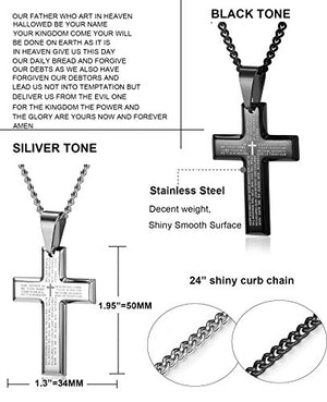 The Lord's Prayer, Stainless Steel Silver and Black Tone Crosses, 2 Crosses Included, 24"