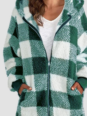 Plaid Zip Up Hooded Jacket with Pockets, 7 Colors