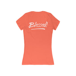 Blessed, Back Print Women's Slim Fit Deep V-Neck Tee - 8 Colors