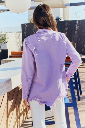 American Bazi Full Size Distressed Button Down Denim Jacket in Lavender