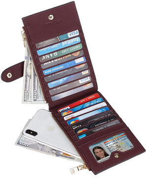 Women's Bifold Walllet, RFID Blocking, 16 Card Slots, One I.D. Slot, Two Zipper Pockets, Many Colors