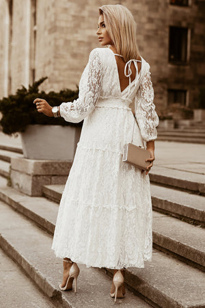 Puff Sleeve Tie-Back Lace Surplice Dress Treasure City Puff Sleeve Tie-Back Lace Surplice Dress Treasure City