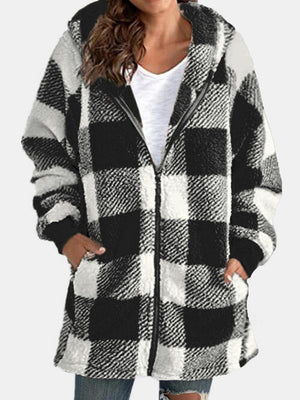 Plaid Zip Up Hooded Jacket with Pockets, 7 Colors