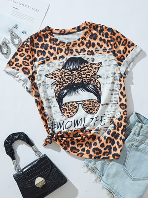 Leopard Print Round Neck Women's Short Sleeve T-Shirt, Plus Sizes