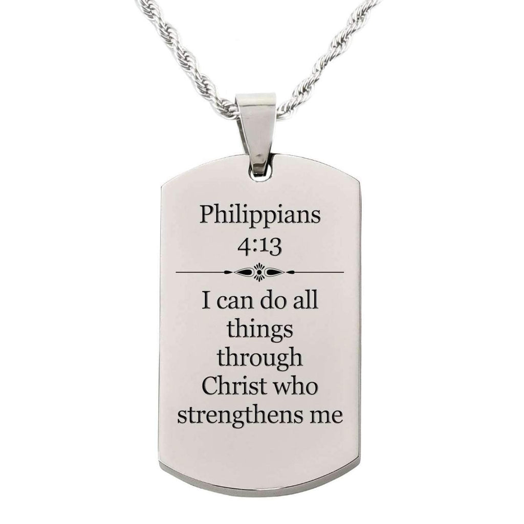 Scripture Dog Tag Necklace, Stainless Steel, 5 Colors, Philippians 4:13