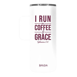 Run On Coffee, 22 oz Stainless Steel Tumbler, With Handle, White