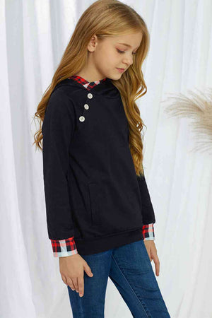 Girls Plaid Decorative Button Hoodie with Pockets, Ages 4-13