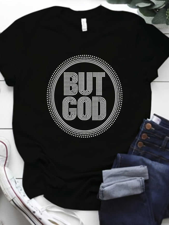 BUT GOD, Rhinestone Letter T-shirt, Plus Sizes