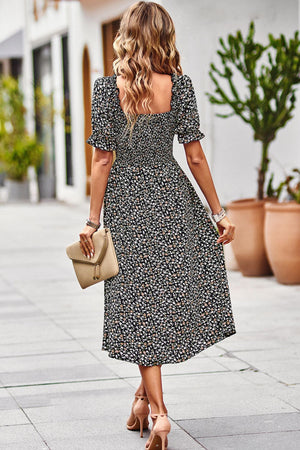 Floral Ruffled Square Neck Dress with Pockets