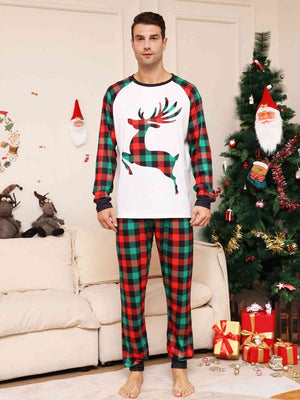 Men's Full Size Reindeer Graphic Top and Plaid Pants Set