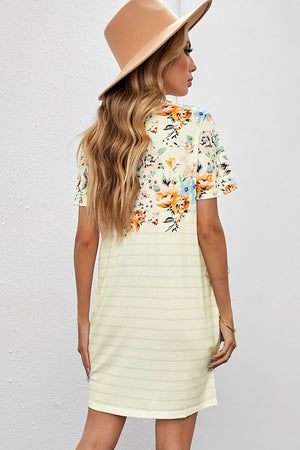 Floral Striped Short Sleeve Round Neck T-Shirt Dress