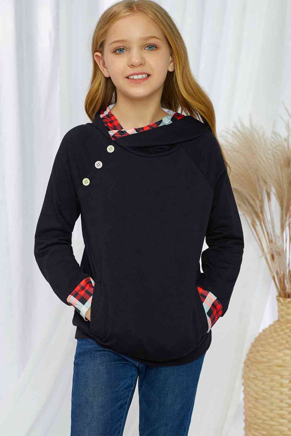 Girls Plaid Decorative Button Hoodie with Pockets, Ages 4-13