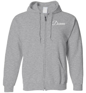 Tipton Ministry Logo on Back, Personalized Name on Front (Donna), Zip-Up Hoodie, 12 Colors